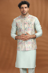 Light Pista Green Silk Kurta Pajama with Printed Jacket